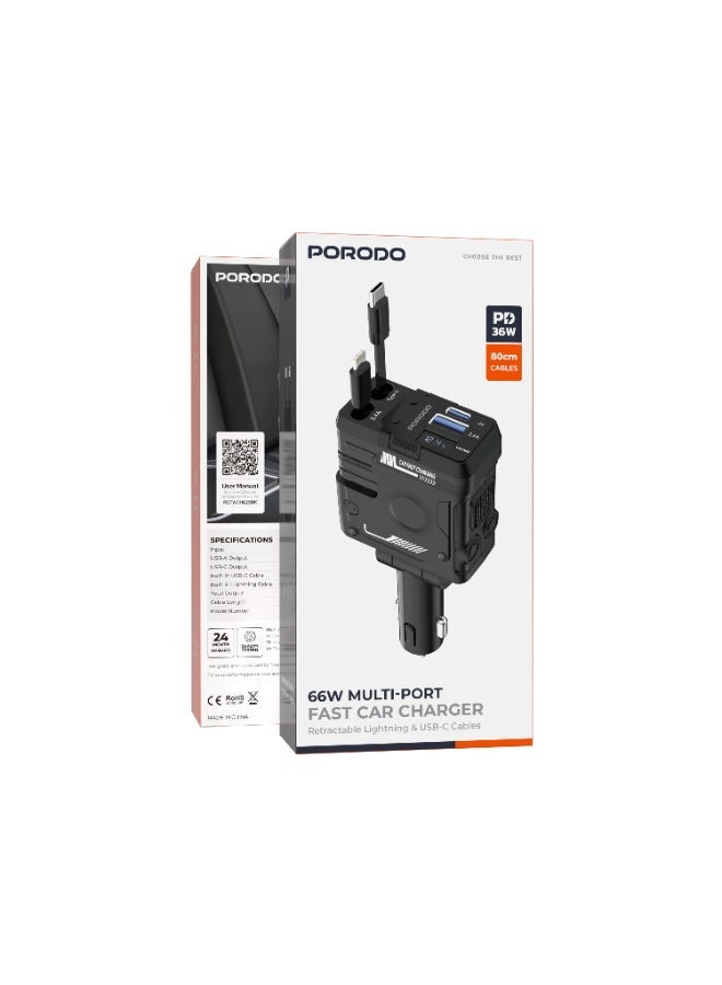 porodo 66W Car Charger with Lightning & Type -C Integrated 80m Wires / Voltage Monitor / Universal Compatibility / Simultaneous Charging - Black - Image 4